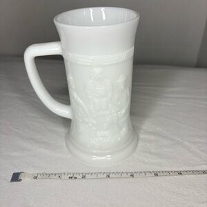 Vintage Federal White Milk Glass 6" Tall Beer Stein Mug Cup Tankard.Tavern Scene